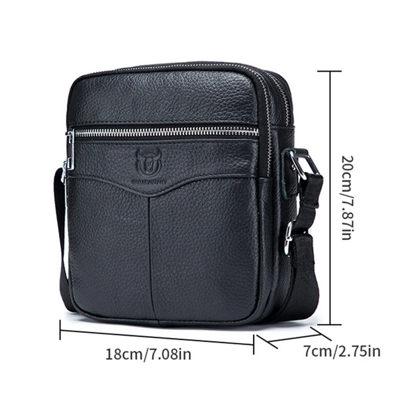 (image for) BULLCAPTAI Genuine Leather Men's Shoulder Bag Cowhide Messenger Bags Fashion Male Causal Small Double Zipper Crossbody Bag Short-distance Compact Mini Travel Bag